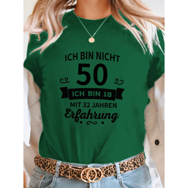 

Birthday 50 Print T-shirt, Short Sleeve Crew Neck Casual Top For Summer & Spring, Women's Clothing