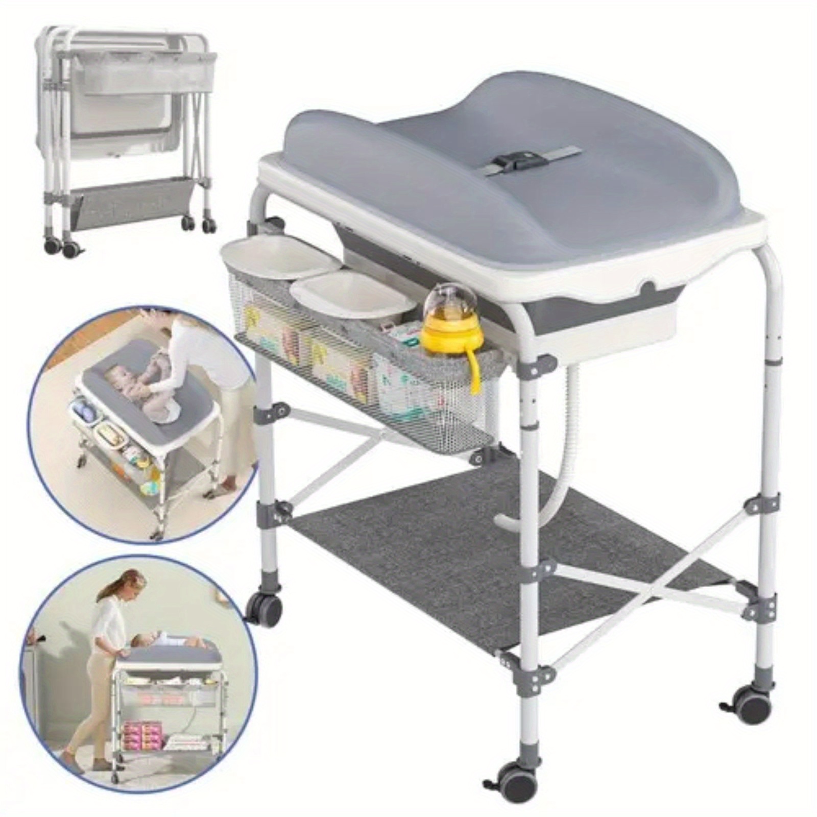 2 in 1 baby changing table foldable with foldable bathtub baby changing table grey mobile changing table portable bathtub changing combination stable load bearing   with storage compartment   with 4 360 wheels 0