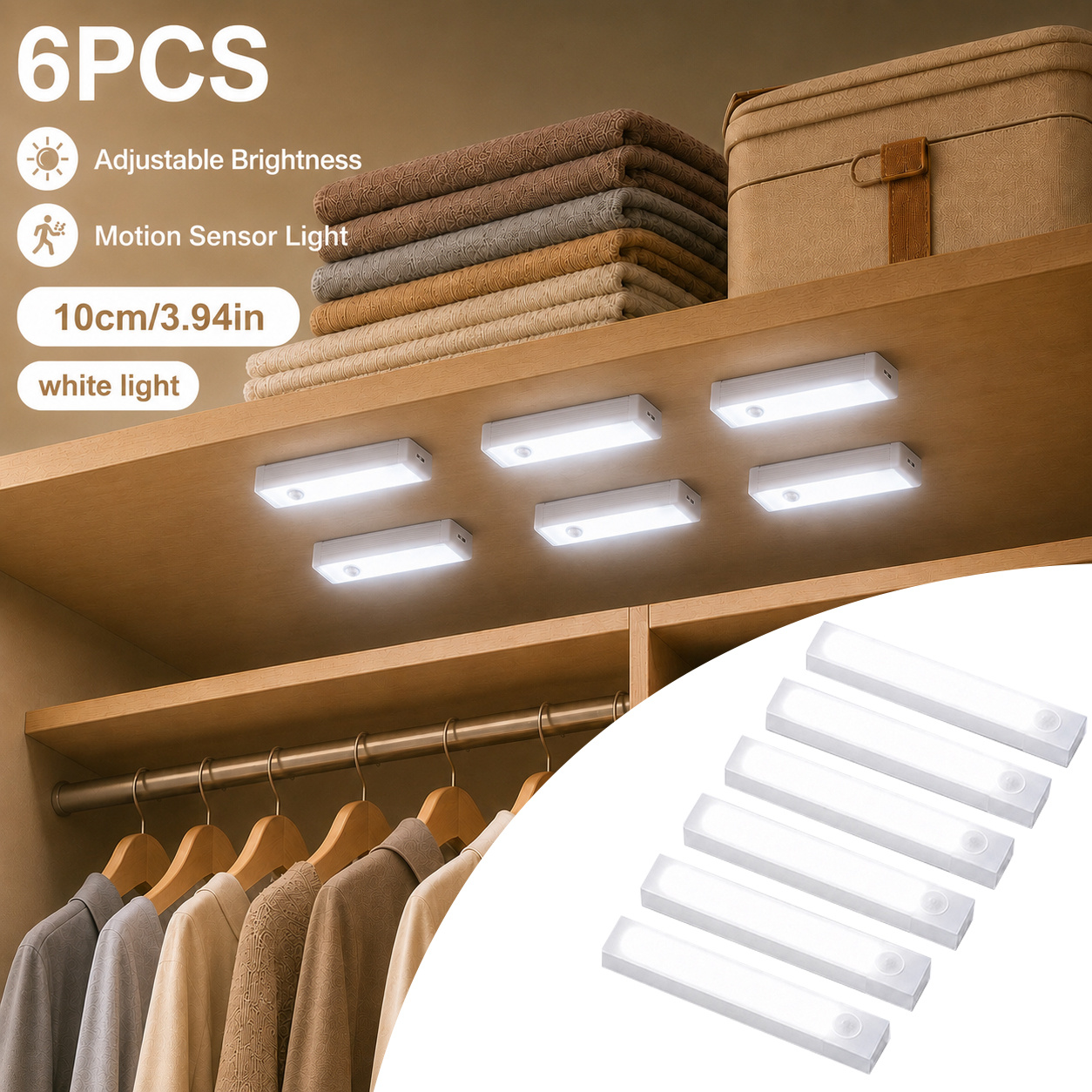 TEMU 6 luces LED recargables con sensor de movimiento para interiores, tipo tira larga, para dormitorio, luces de pared recargables por USB, luces