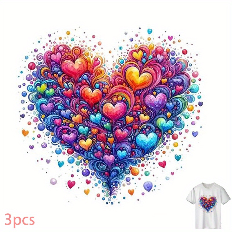 E-shop 3er-Pack bunte T-Shirts mit Herzmuster, Bügelaufkleber, Wärmeübertragung, Bügelaufkleber, Kleidungsaufkleber, Spezialaufkleber für die