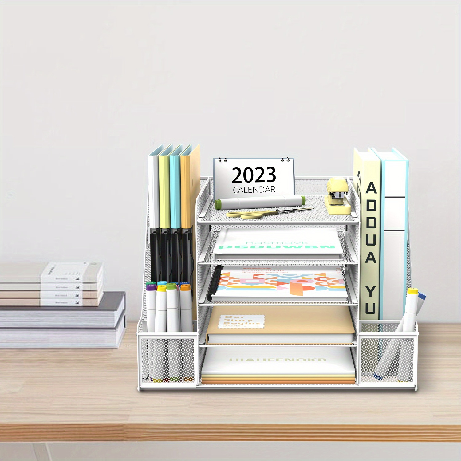 Image of Daltack 5-tier Mesh Desk Organizer With File Holder, Multi-functional Paper Tray And Storage For Office Supplies
