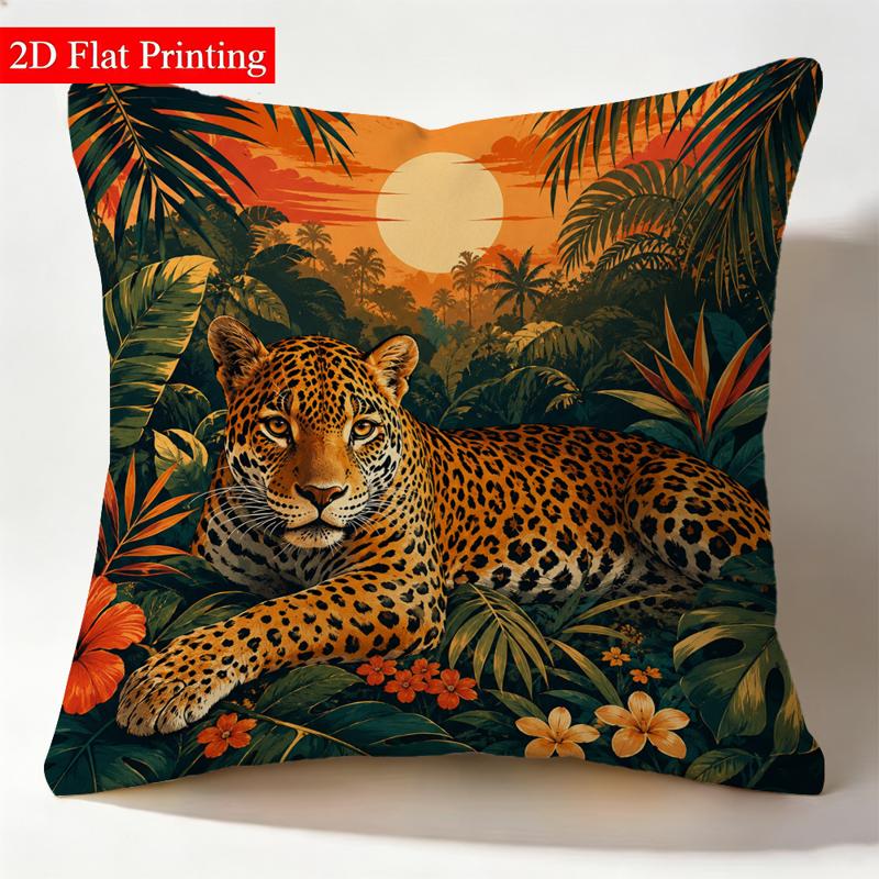 TEMU 1pc 2d Flat-printed Double-sided Cushion Cover, No Pillow Insert, Leopard In Tropical Jungle Sunset Pattern, 17.71×17.71 Inches, Zipper Closure,