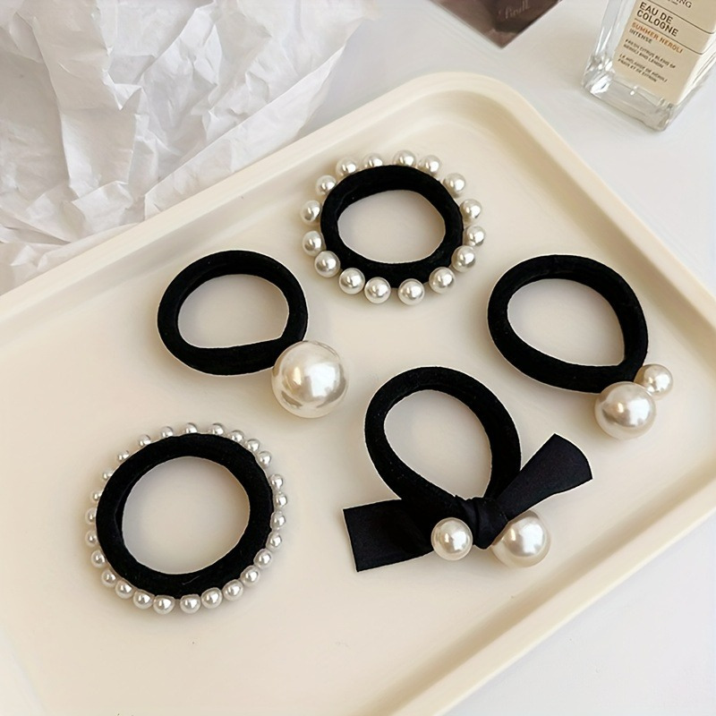 

5pcs Elegant Hair Tie Set For Women - High , Seamless Fabric With Chic Bow & Pearl Accents - Solid Color Bands For Teens & Adults