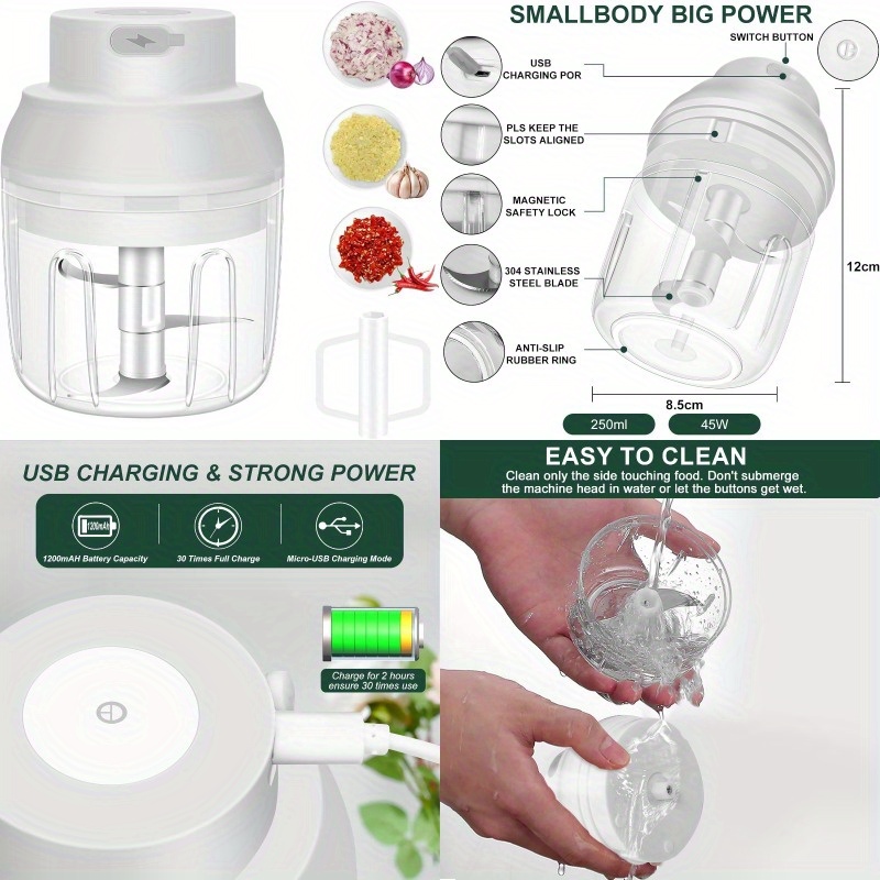 electric garlic chopper 8.45oz with egg beater - usb-powered cordless mini food processor, portable glass blender for garlic, onion, ginger, chili & veggies,   operation,   with ergonomic lid & usb charging, easy-clean durable construction, ideal for small kitchens & travel - white, garlic crusher, onion chopping, vegetable mincer, food processor electric, electric food chopper, food processor for kitchen, mini food processor, mini food chopper, chopper for food Product details 0