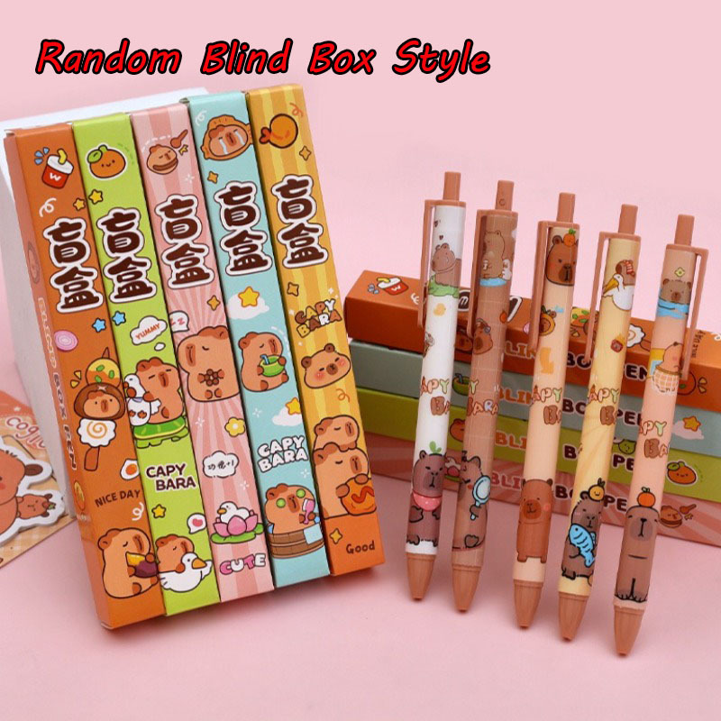TEMU Stylo aléatoire 17pcs Thème Capybara Cartoon avec Boîte Aveugle et Rangement, Écriture Douce, Séchage Rapide, Fournitures de Bureau, Papeterie