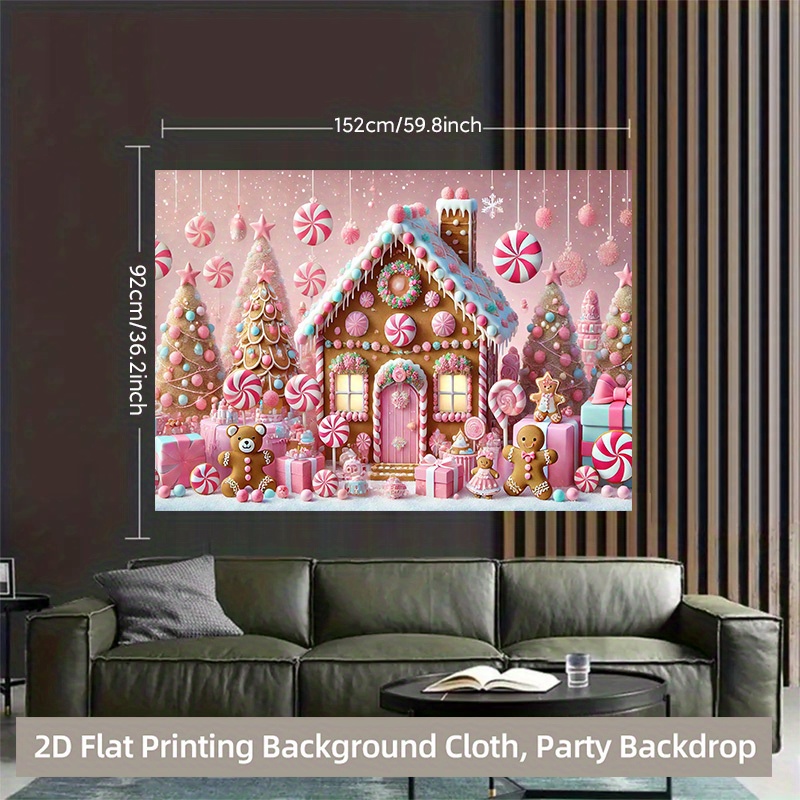 TEMU 2d Flat, 1pc Gingerbread House & Candy World Photography Backdrop - , Candy Cane, Marshmallow Trees - Durable Washable Polyester Banner For