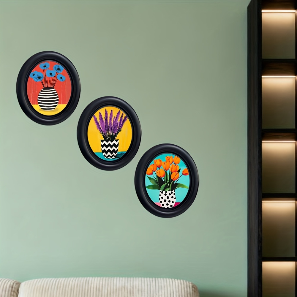 TEMU 2d Flat Wood, Printed, Minimalist Living Room Wall Set, 3pcs Retro Dopamine Floral Vase Wall Set, Pop Geometric Pattern Print, Black Oval Frame