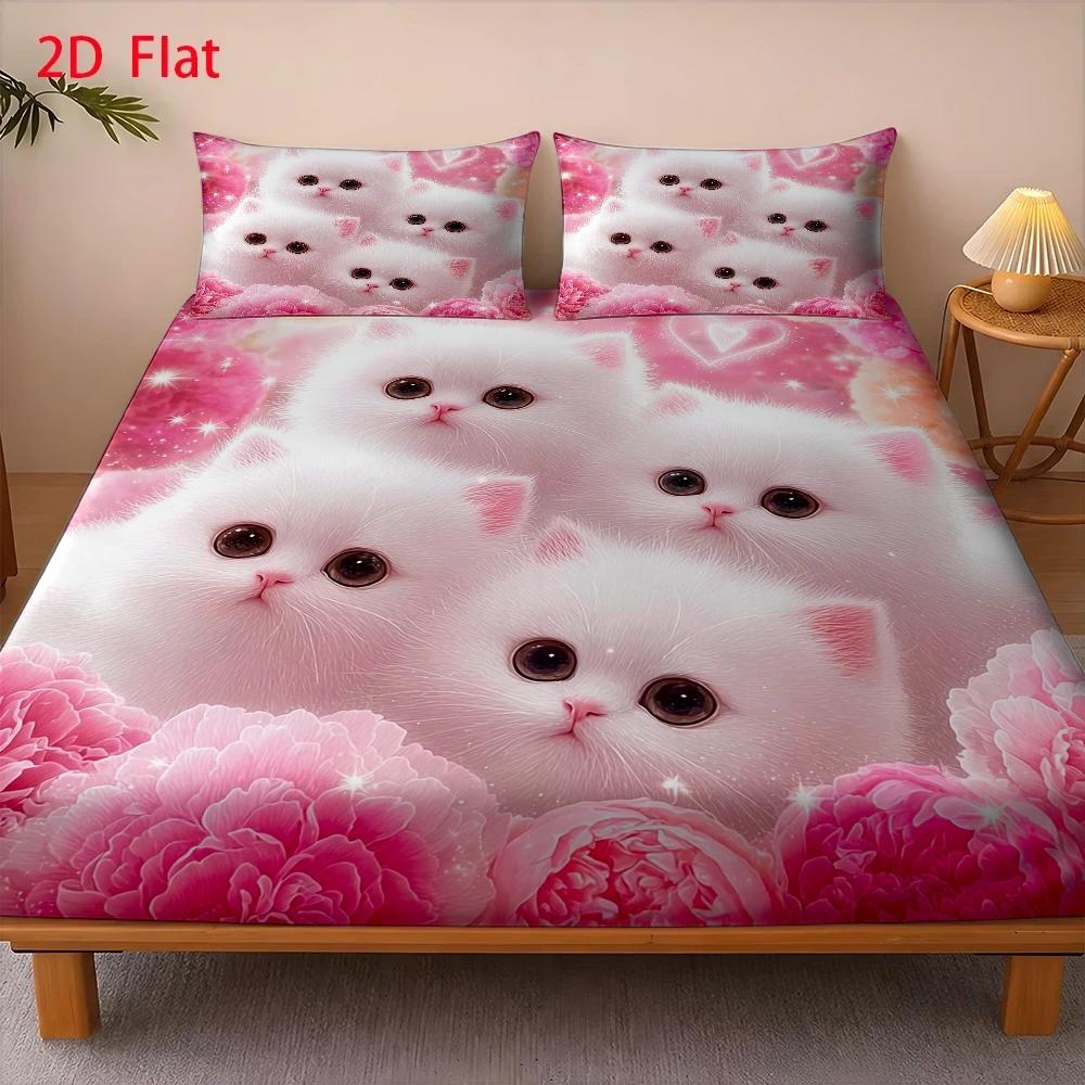 TEMU 3pcs Mattress Protector Set, 1pc Fitted Sheet And 2pcs Pillowcases (filling Not Included), Pink Cat Floral Theme, Style, Valentine's Day, ,