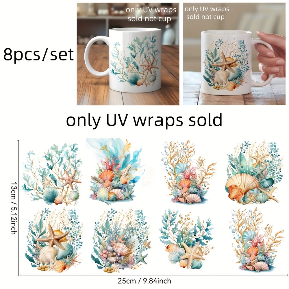 TEMU 8 piezas/juego de hermoso y encantador papel de transferencia UV DTF de acuarela con conchas, papel de PVC autoadhesivo impermeable y resistente