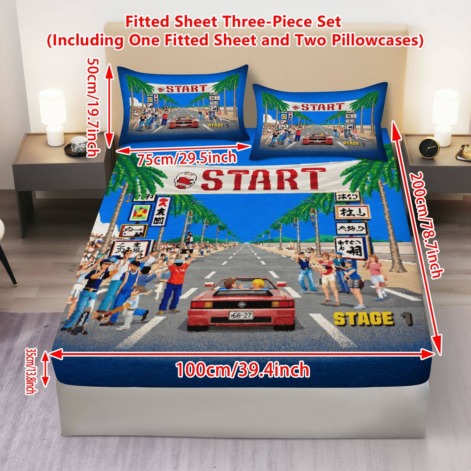 TEMU Set Of 3 Racing Car Arcade Style Bedding, Including 1 Fitted Sheet And 2 Pillowcases, Featuring A Retro Gaming Theme, Soft And Breathable