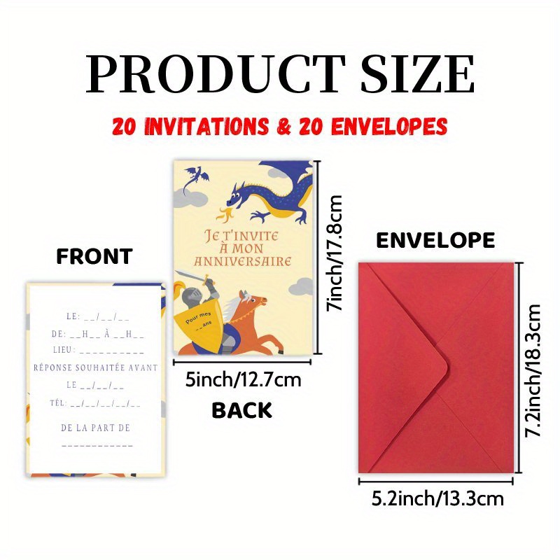 TEMU Ensemble d'invitations comprenant 20 cartes et 20 enveloppes, thème Dragon pour une française - Idéal pour les fêtes d'anniversaire , les