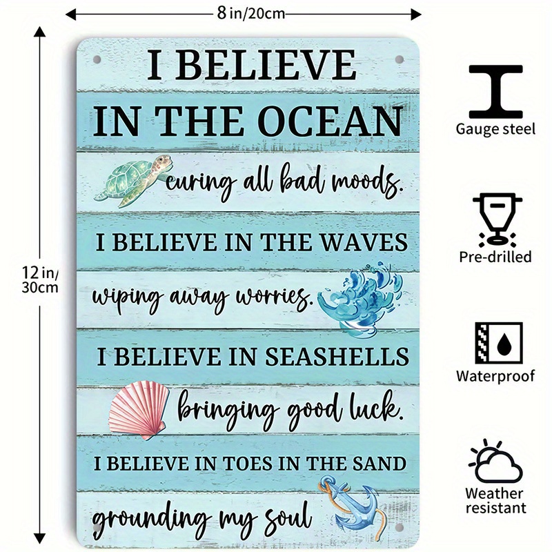 TEMU 2d Flat, 1pc Believe In Metal Tin Sign - Turquoise Coastal Wall Art With Ocean Quotes, Nautical Beach House Decor, 8x12 Inch (20x30cm)