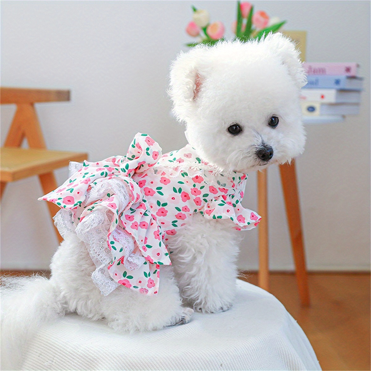 a party dress for dogs, featuring a floral pattern, suitable for small dogs  with a for spring and summer, with lace trim, occasions, designed for small  breed dogs. | Check Out Today's