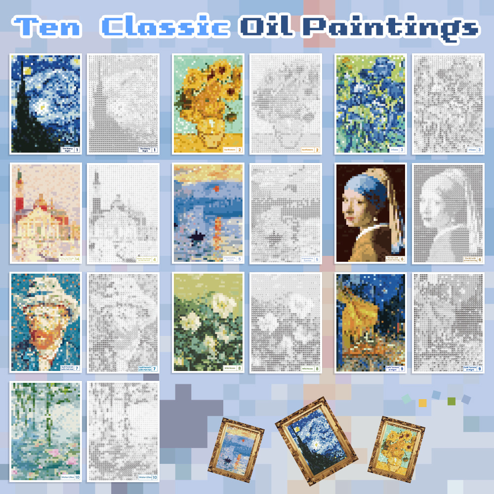 TEMU Pixel Sticker Book Set 10 Patterns + 20pcs Color Block Mosaic Stickers Oil Painting Theme For Diy Frames Notebooks, Supplies For Journaling &