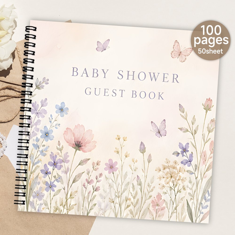 TEMU 1pc Spiral Guestbook, Baby Shower Guest Book, Blank Page Guest Sign In Message Signature Book, Souvenir Memory Album With Watercolor Floral