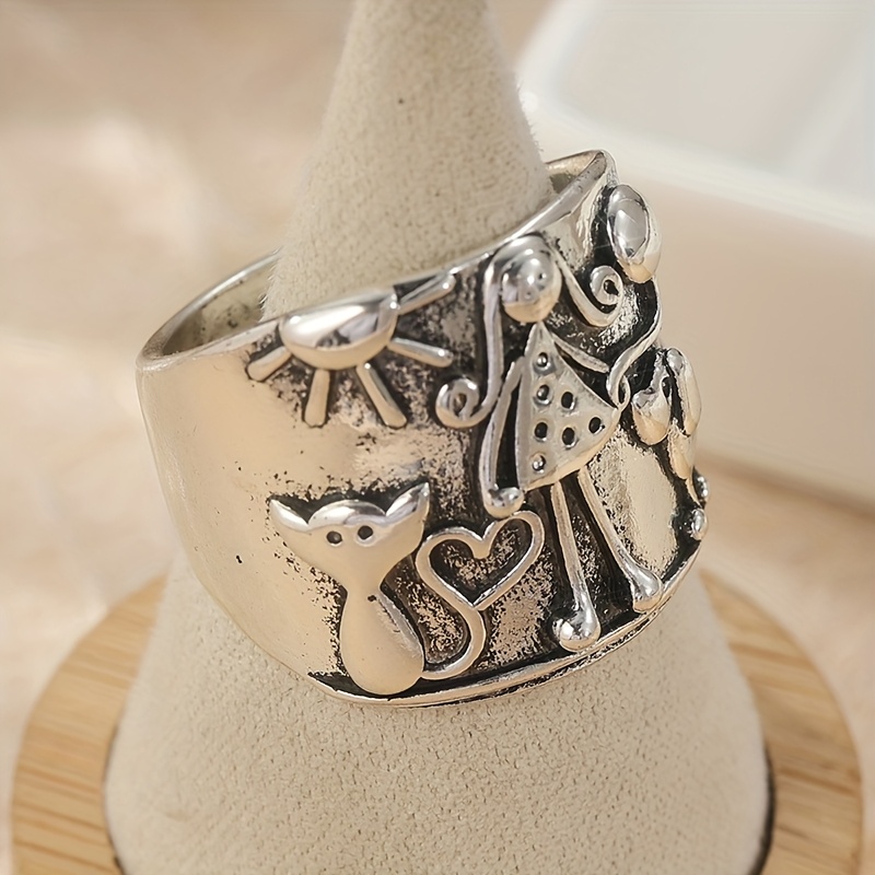 E-shop Fashion Retro Cartoon Tiermuster Breiter Ring Handgegravierter Sonnenkatzen-Hundering für Damen Herren Täglich Lässig Party Urlaubsring Schmuck
