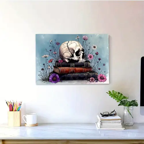 1pc wrapped canvas wall art skull with flowers on minimalist modern art vibrant colors detailed illustration indoor home decor for living room bedroom gift for him dorm room accent decor floral skull design skull home decor