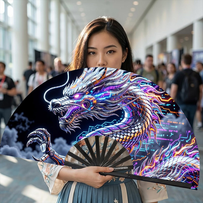 TEMU Women's 13 Inch Black Plastic Rib Foldable Hand Fan, Cyberpunk Neon Mechanical Dragon Print Design, Lightweight 1pc Portable Stylish Accessory,