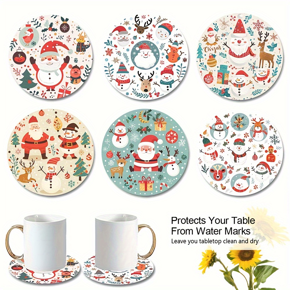 TEMU 6pcs Wooden Coaster Set, Vector Illustration Style Christmas Elements: Santa Claus, Snowman, And Reindeer Unique