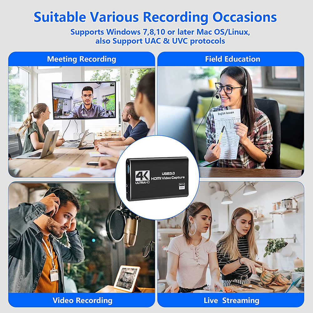 USB 3.0 HDTV Video 4K Ultra HD Capture Card, Live Video Data Camera for PS4 Game Console Recording Audio Capture with Loop Output Support, 1080P 60FPS