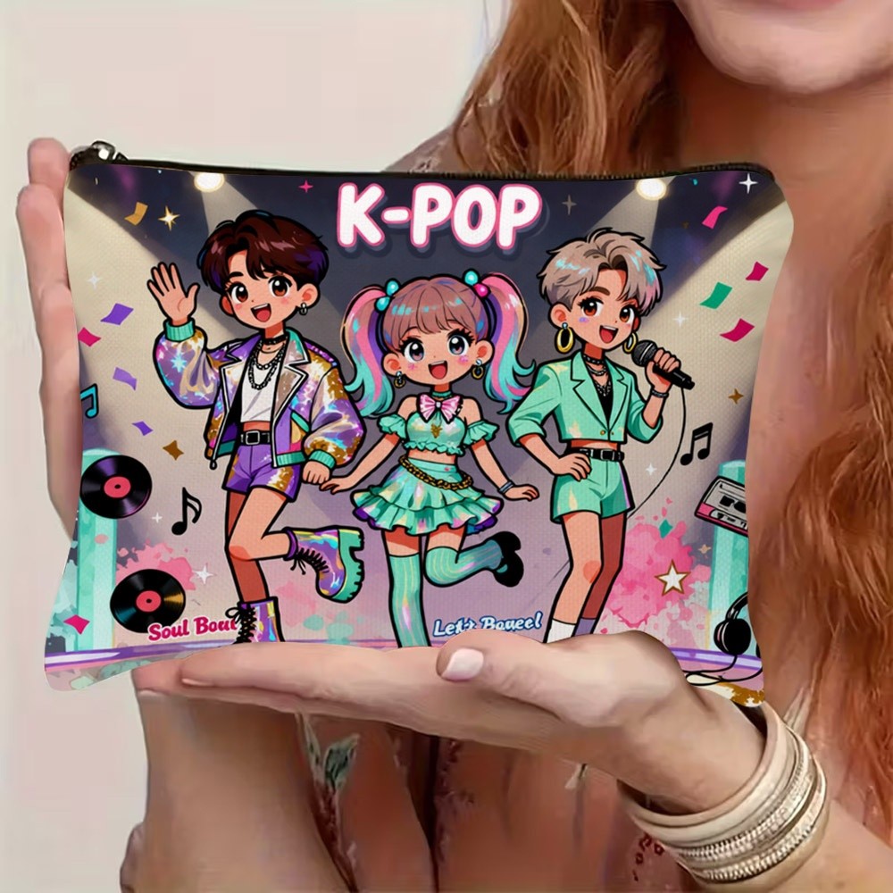 TEMU 1pc 2d Flat Printed K-pop Cartoon Cosmetic Bag, Vibrant Concert Stage Print With Characters, Musical Notes And Slogans, Zipper Closure,