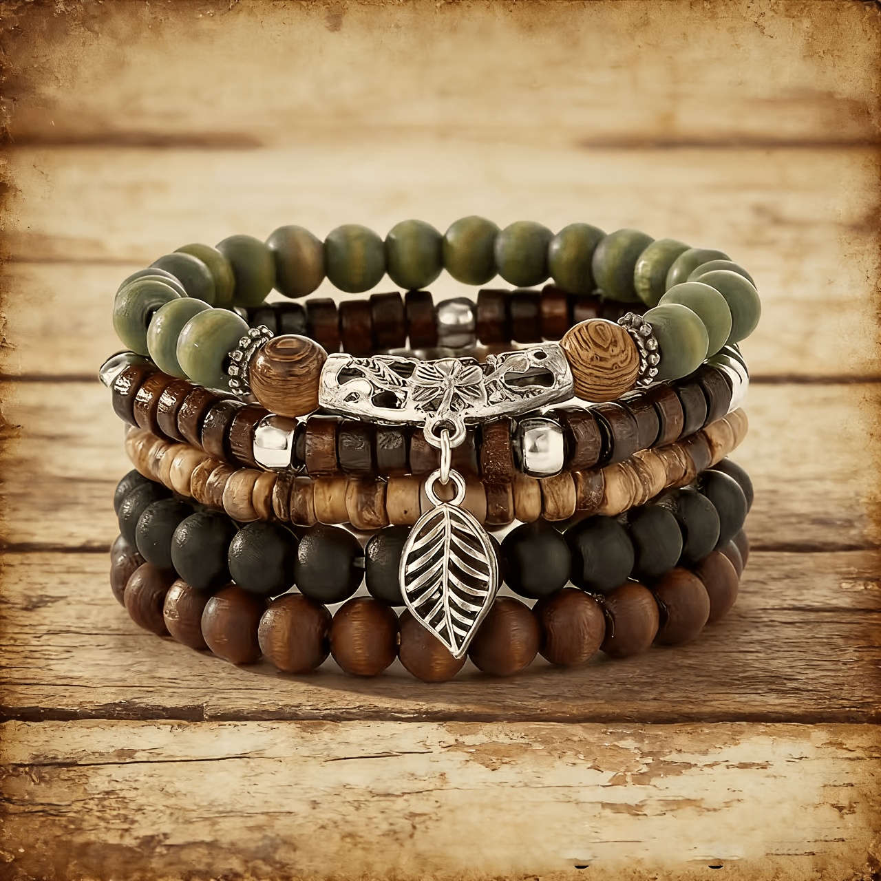 TEMU Set Of 5 Handmade Bohemian Vintage Coconut Shell & Wooden Bead Bracelets - Wood Beads & Shell Charms, Stackable Suitable For Stacking, Jewelry