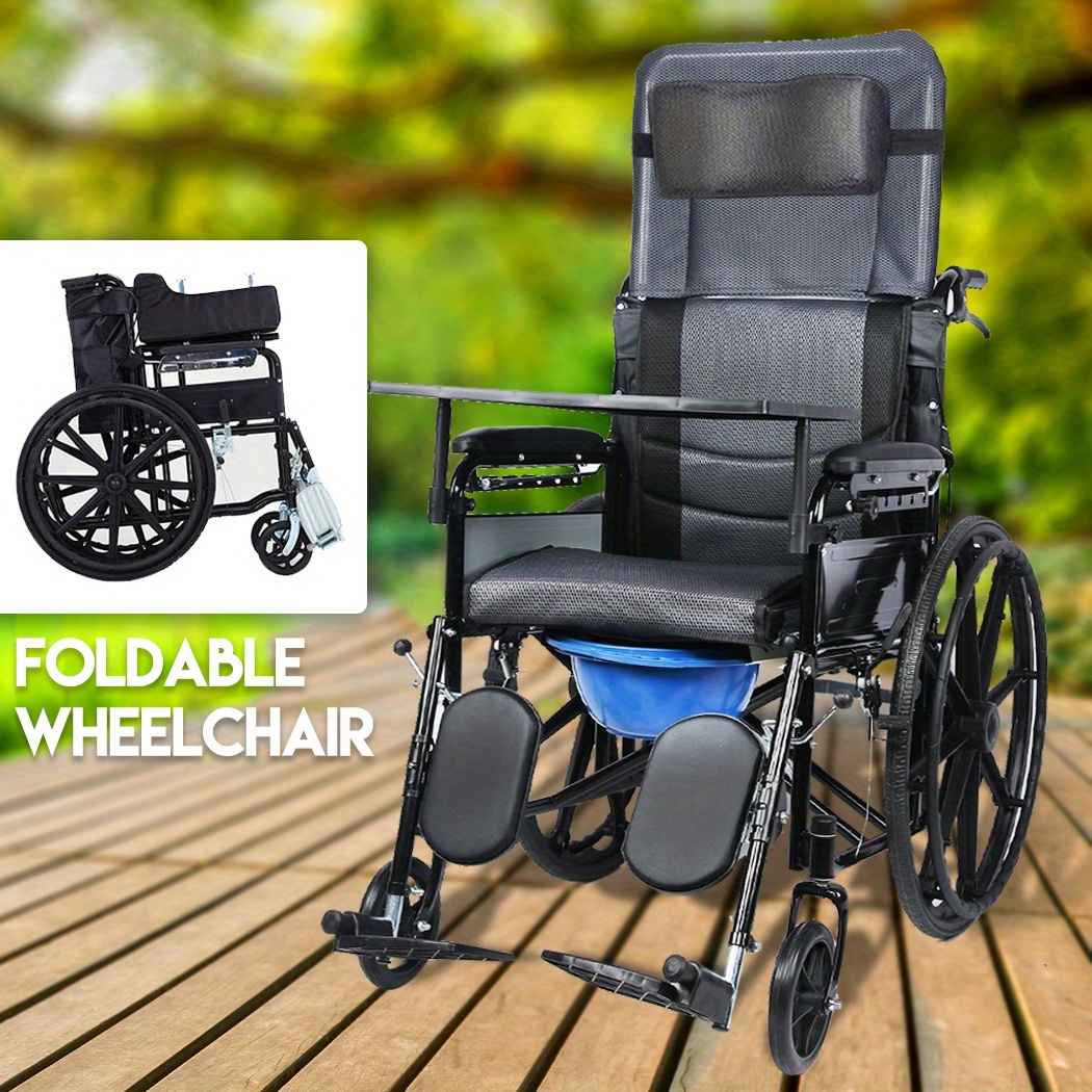 PORIYA Lightweight Foldable Wheelchair 6-Level Recline w/Dining table Safety Belt Great for Elderly Effortless Mobility for Indoor&Outdoor Use