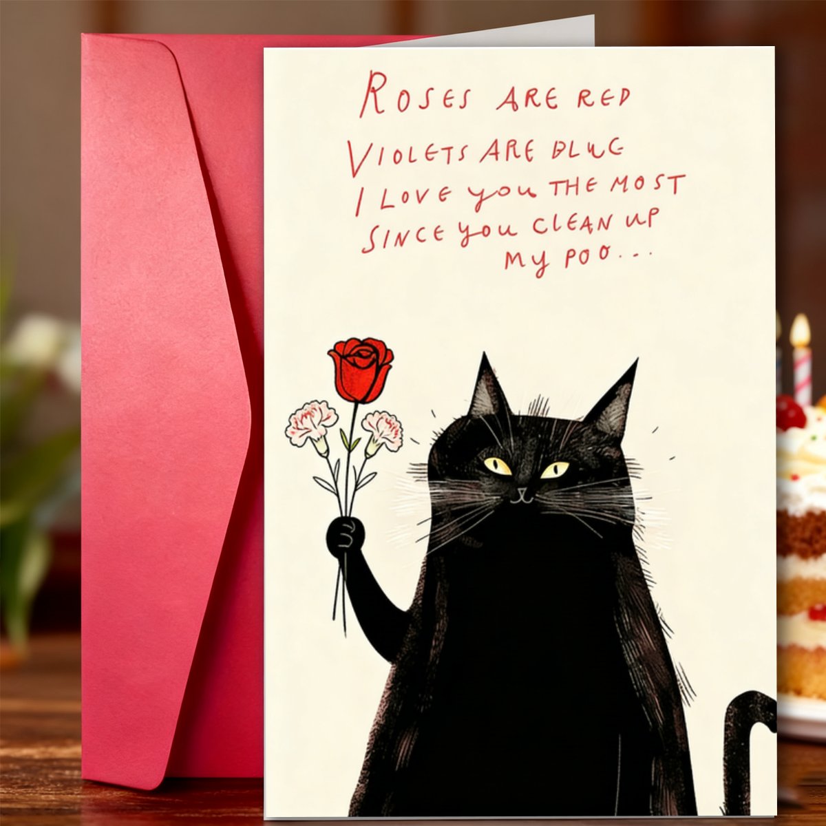 TEMU A Humorous Valentine's Day Card Featuring A Black Cat With A Rose And Carnations, Along With A Funny Poem About Cleaning Up Messes