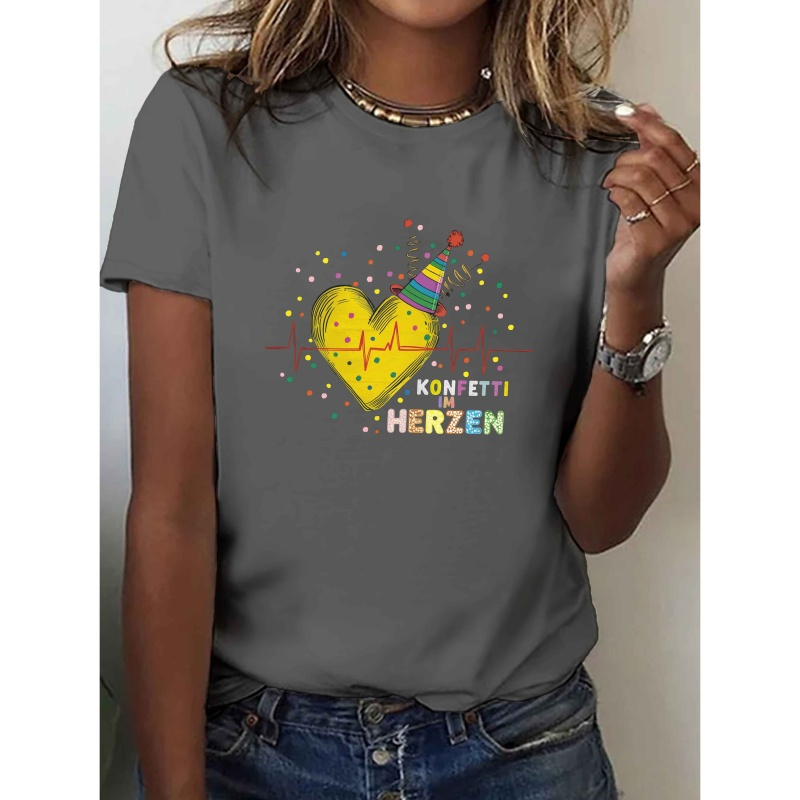 

Women's "confetti In " Graphic T-shirt - Black Short Sleeve Crew Neck, Casual Summer & Spring Top, Ekg And Party Hat Design