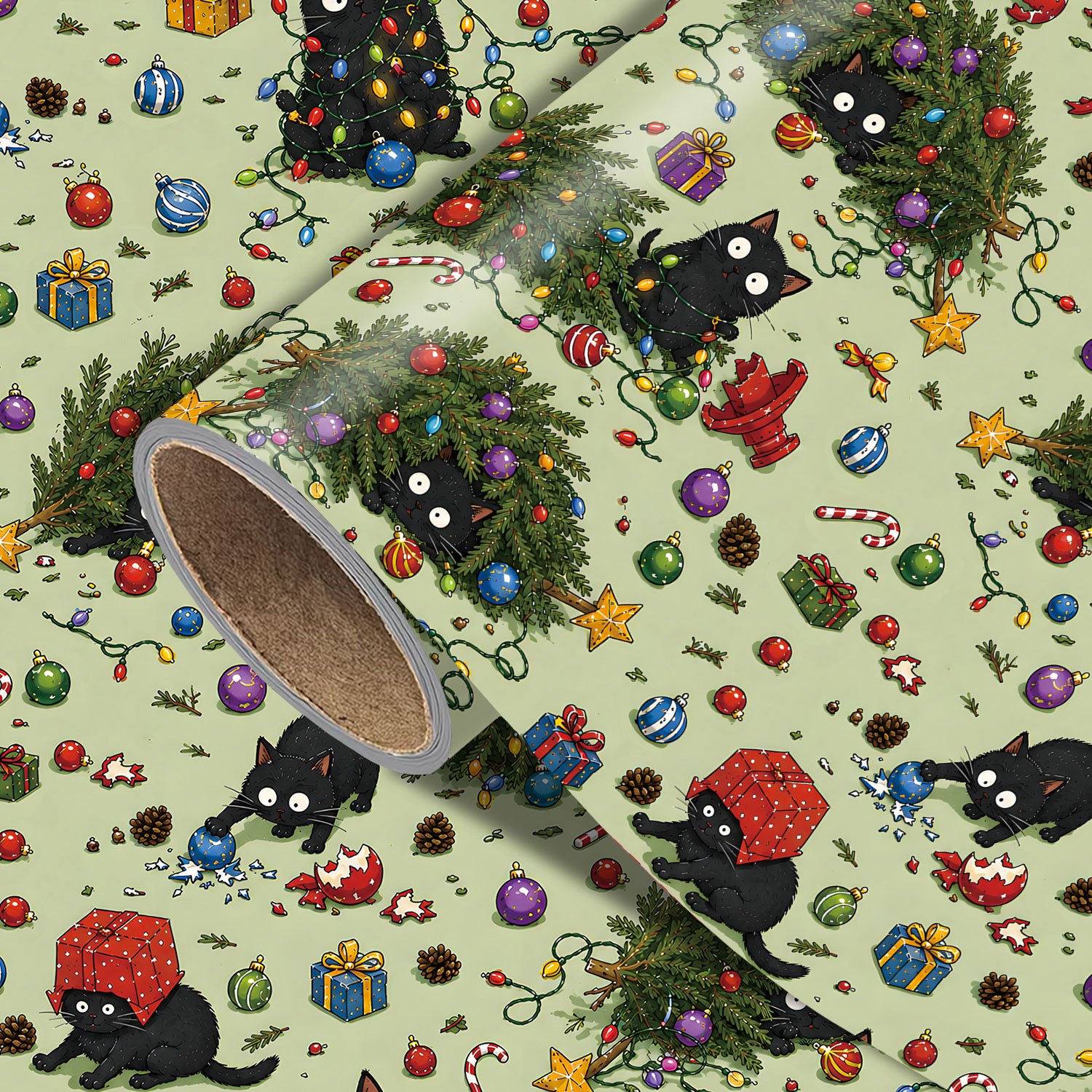 TEMU 1 Rol Groen Kerstinpakpapier, 17.7in X 118in, Schattige Zwarte Katten Kerstcadeaupapier met Kerstboom, Kleurrijke Kerstballen, Geschenkdozen,