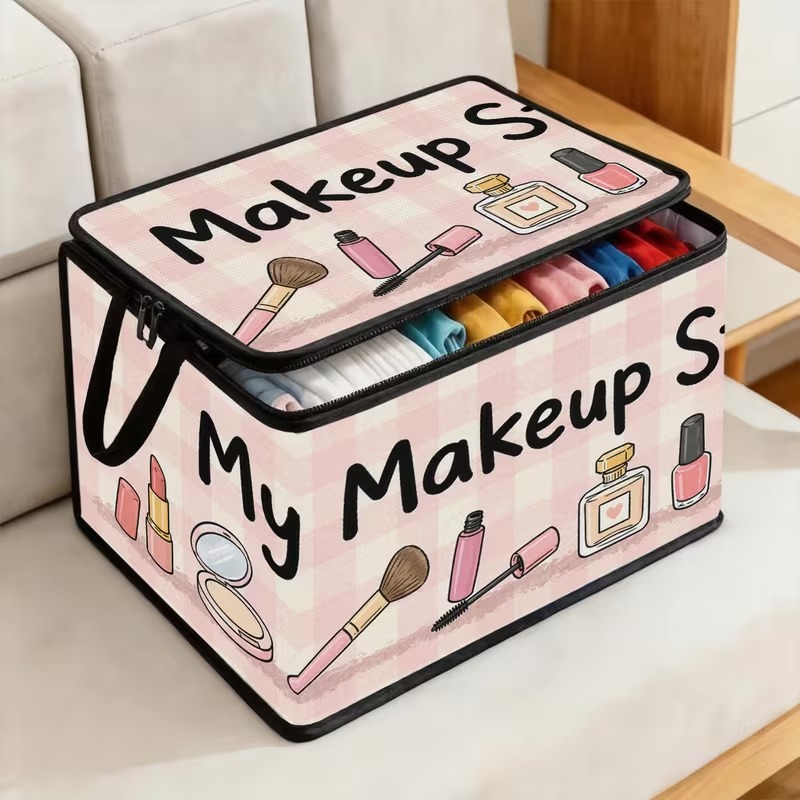 TEMU [1pc] Large Capacity Storage Box With Makeup Pattern | Foldable Storage Box | Lightweight And Easy To Store With Handle | Suitable For Room