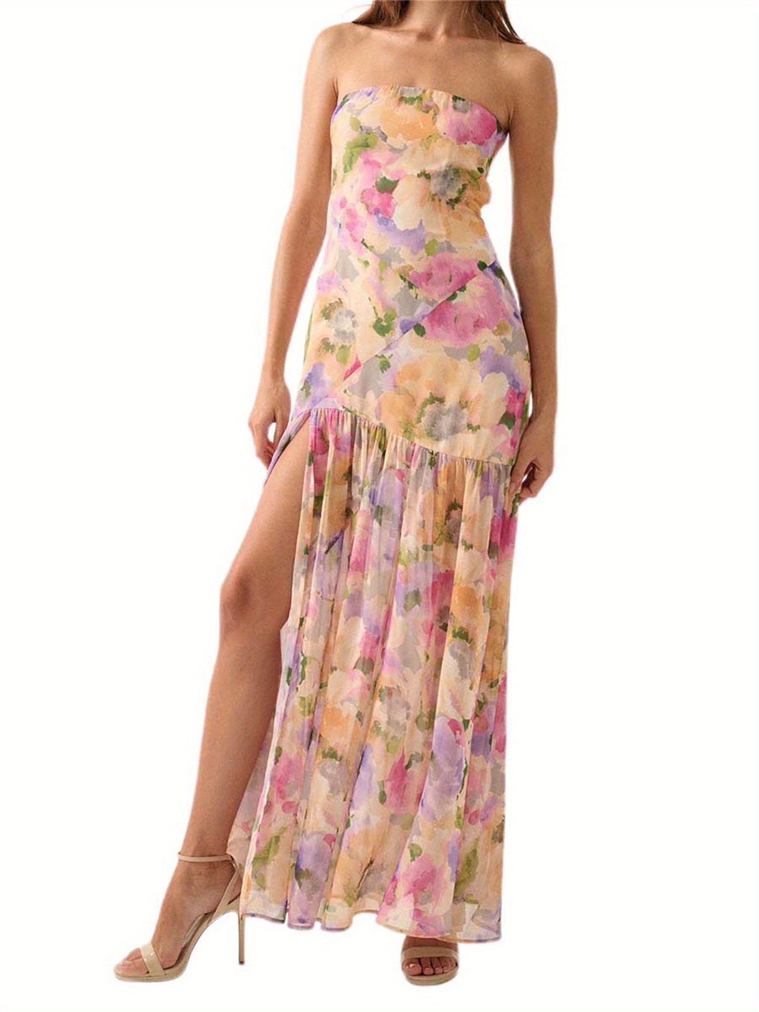 women's casual off the shoulder bandeau maxi dress, polyester floral and  geometric print, sleeveless open back shirred waist woven beach dress for -  women's clothing - Temu