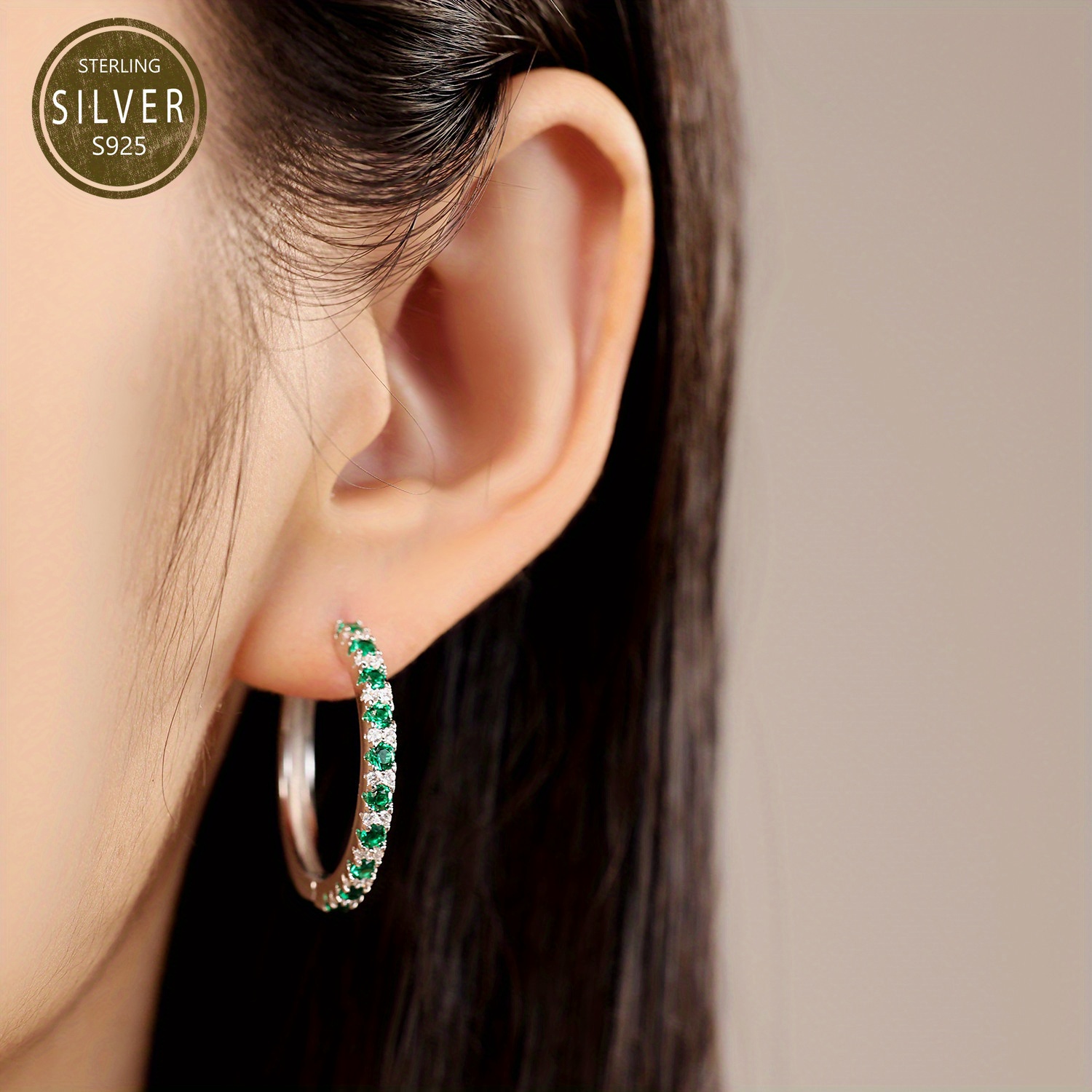 elegant luxury green zirconia hoop earrings s925 sterling silver hypoallergenic earrings suitable for women daily   gift for womens jewelry objects with design sense Product details 3