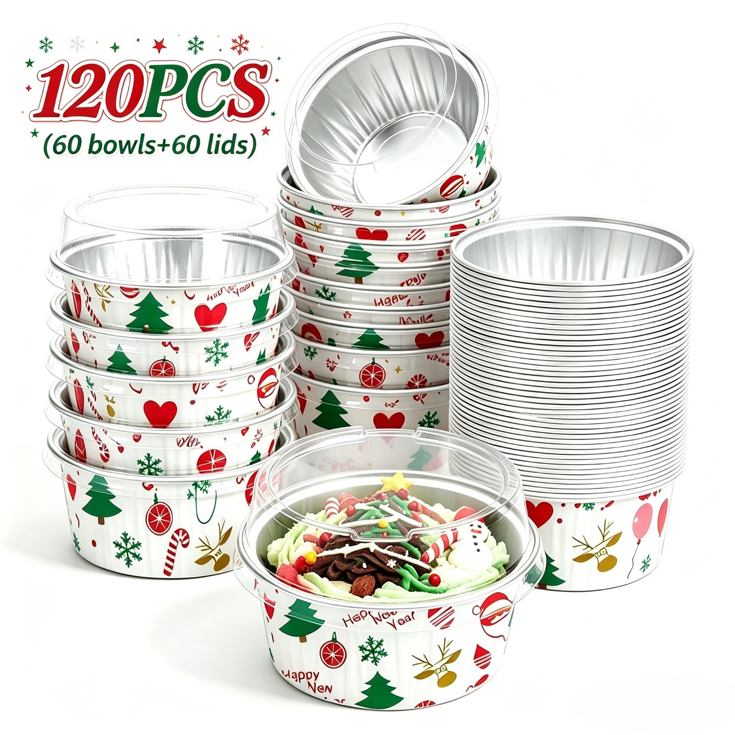 TEMU 120pcs (60pcs Bowls And 60pcs Lids) Christmas Aluminum Foil Dessert Cups, Festive Pattern Dessert Plates, Snack Bowls, Food Containers For