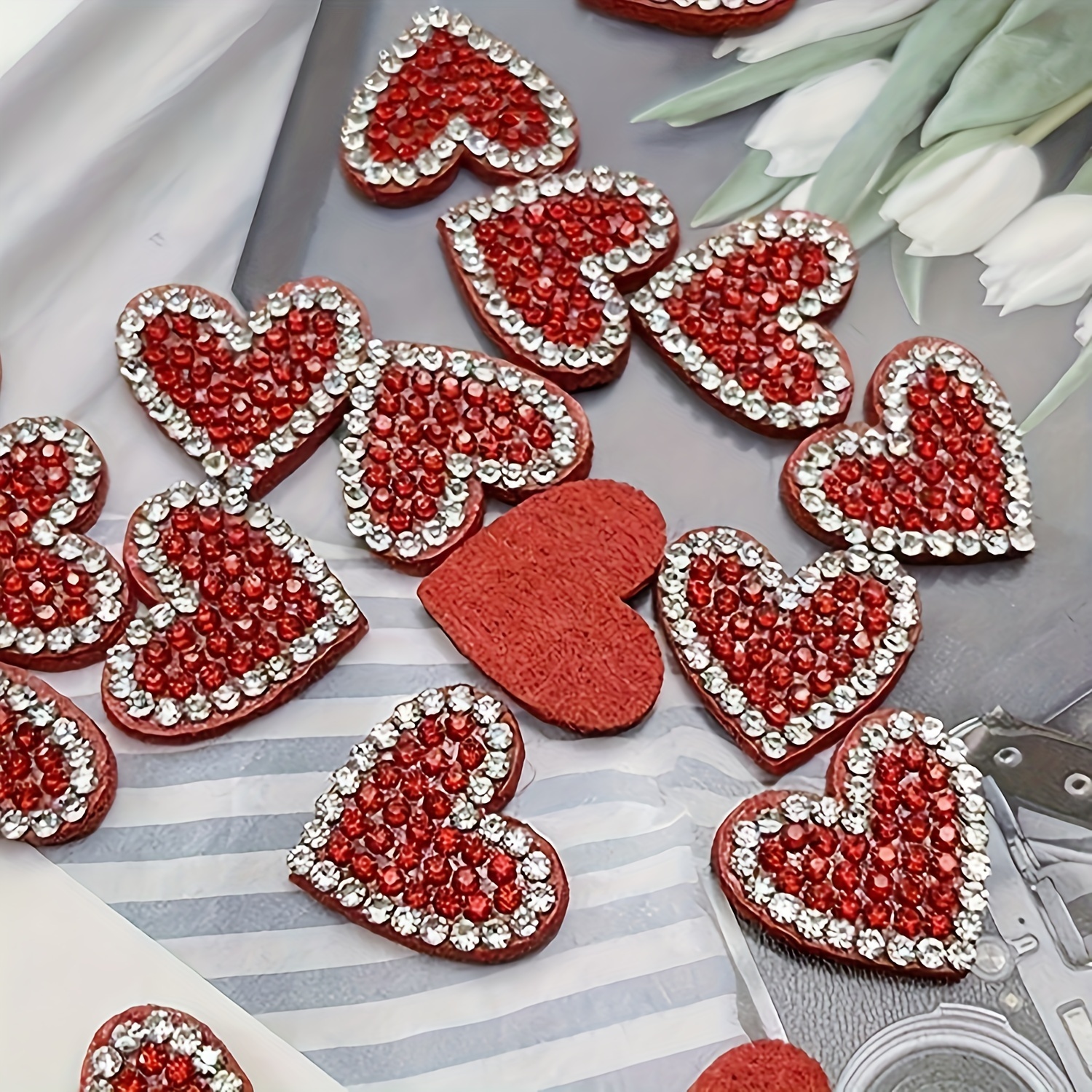 TEMU 20pcs Red Heart Rhinestone Patches For Hair Accessories, Phone Cases & Clothing Decorations - Sparkling Valentine's Day Crafts With Heart