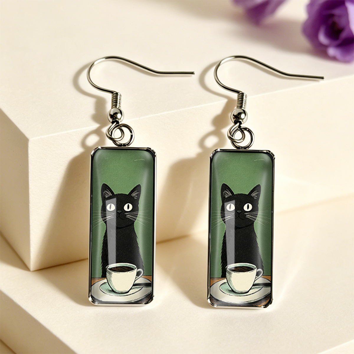 TEMU 1 Pair Black Cat White Porcelain Coffee Cup Pattern Easy Retro Cafe Atmosphere Rectangular Stainless Steel Time Gem Earrings