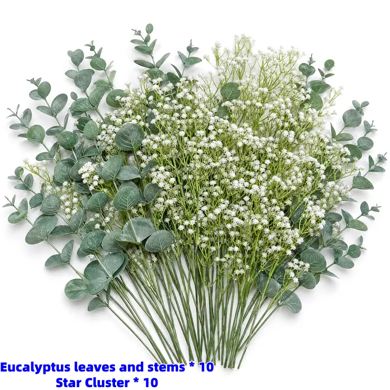 TEMU 20pcs Artificial Flower Set, Silvery-green Eucalyptus Branches With's Breath, Realistic Green Leaf Decorative Stems, Durable Plastic , Suitable