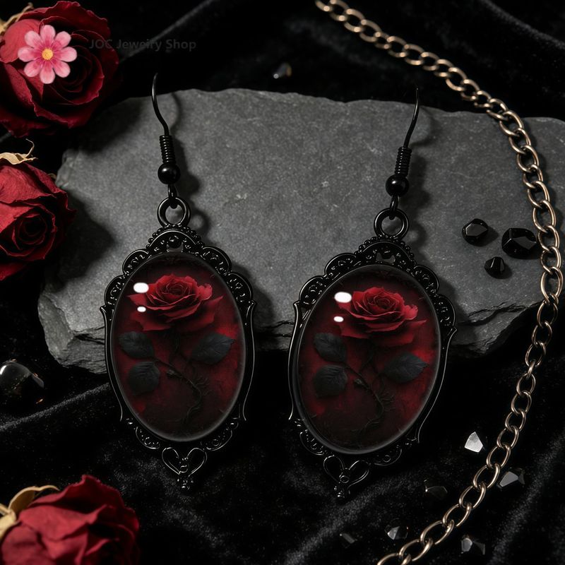 TEMU Gothic Red Rose Earrings - Elegant Vintage Style Oval Dangle Ear Jewelry, Victorian Aesthetic Additions - Perfect Gift For Valentine's Day,