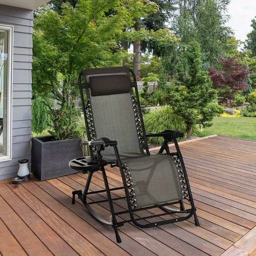 foldable anti rocking chair with pillow reclining lounge rocker phone holder gray patio garden lawn porch use lightweight sturdy design