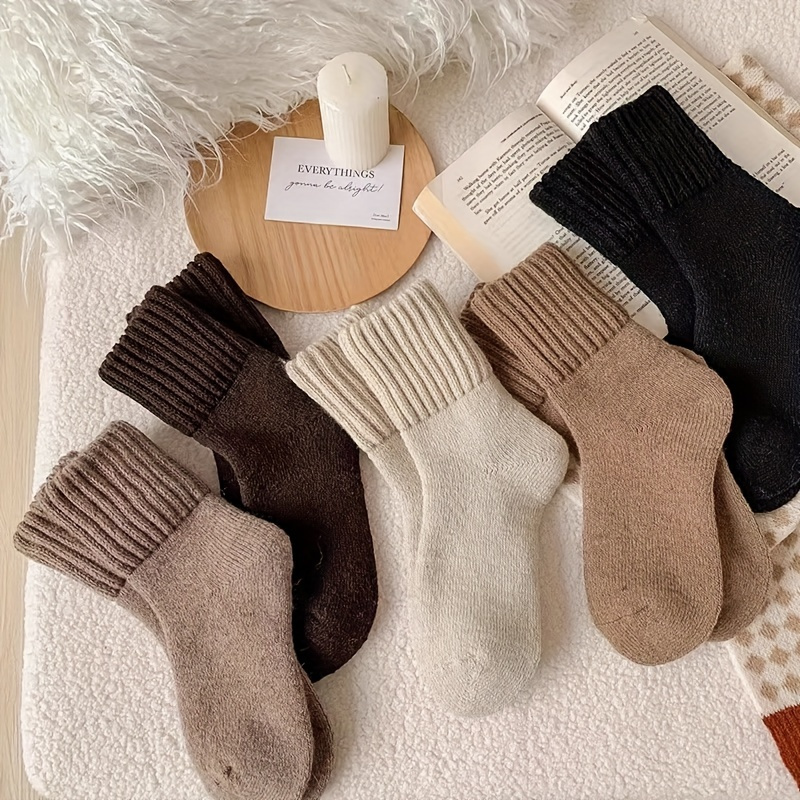 TEMU 5 Pairs Women's Cozy Thick Ribbed Socks - Warm, Soft Knit Stockings In For Autumn & Winter, Polyester And Elastane Blend, Autumn | Ribbed Knit Socks | Hand Wash Recommended