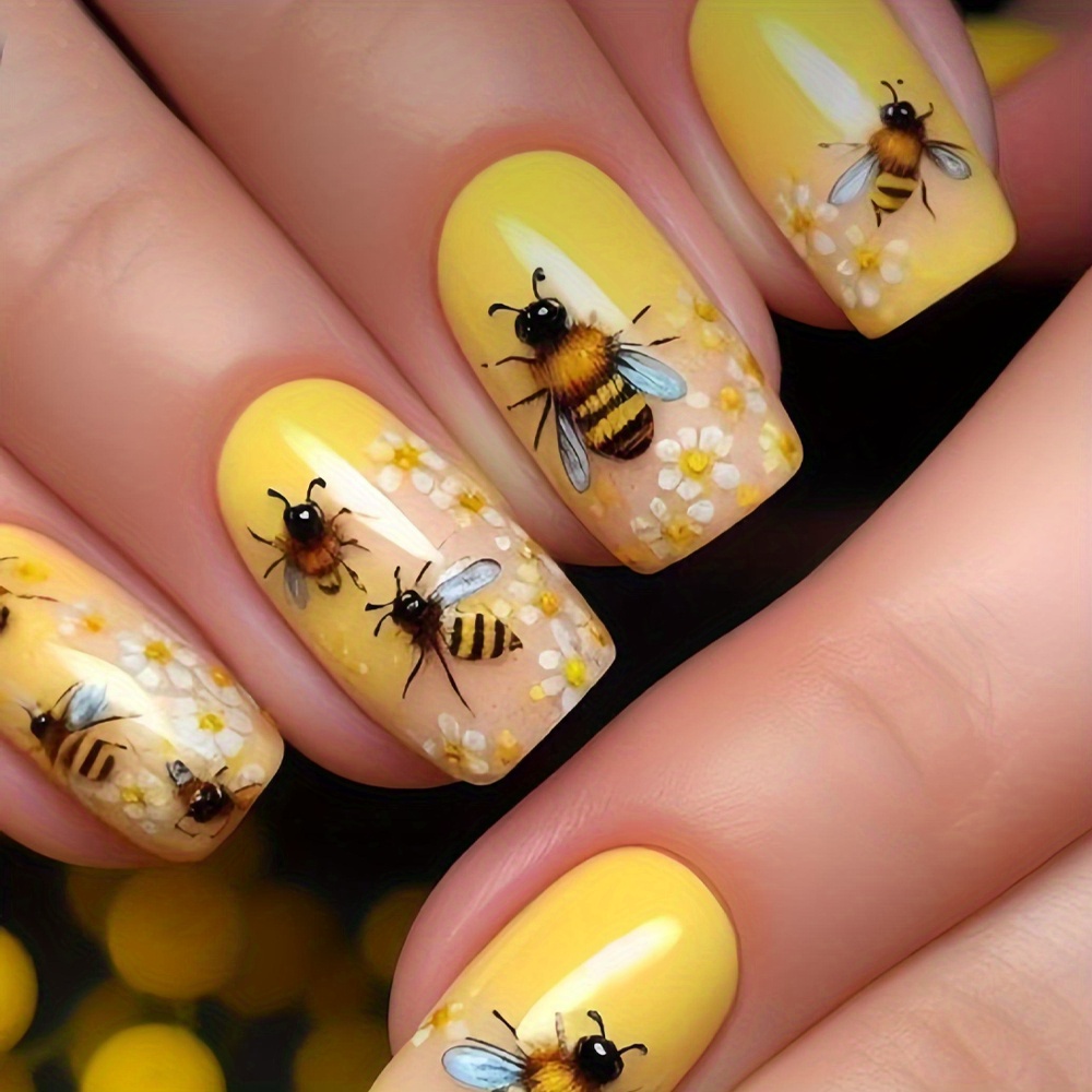 [elegant False Nails] 48pcs Elegant Yellow Glossy Flower Bee Dot False Nails | Classic Chinese--on Nail Set For Women' Wear And Summer - Includes Jelly Glue And File