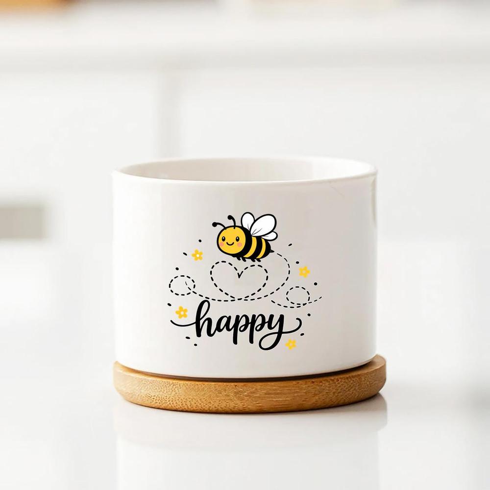 TEMU Garden Vase Cute Bee Round White Ceramic Planter With Saucer, Kawaii Minimalist Style With Heart Trail & Yellow Floral Details, For Indoor
