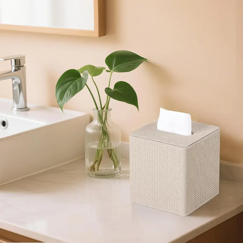 pu leather tissue box cover with magnetic closure - square woven texture design, dust-resistant cube holder for bathroom vanity, bedroom nightstand & office - fits standard tissues, decorative storage organizer (no clutter-free access) Product details 5