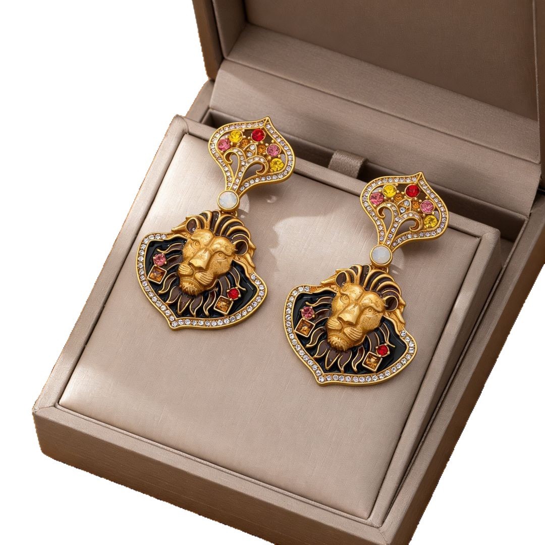 3D Lion Head Enamel Regal-Style Heavyweight Earrings