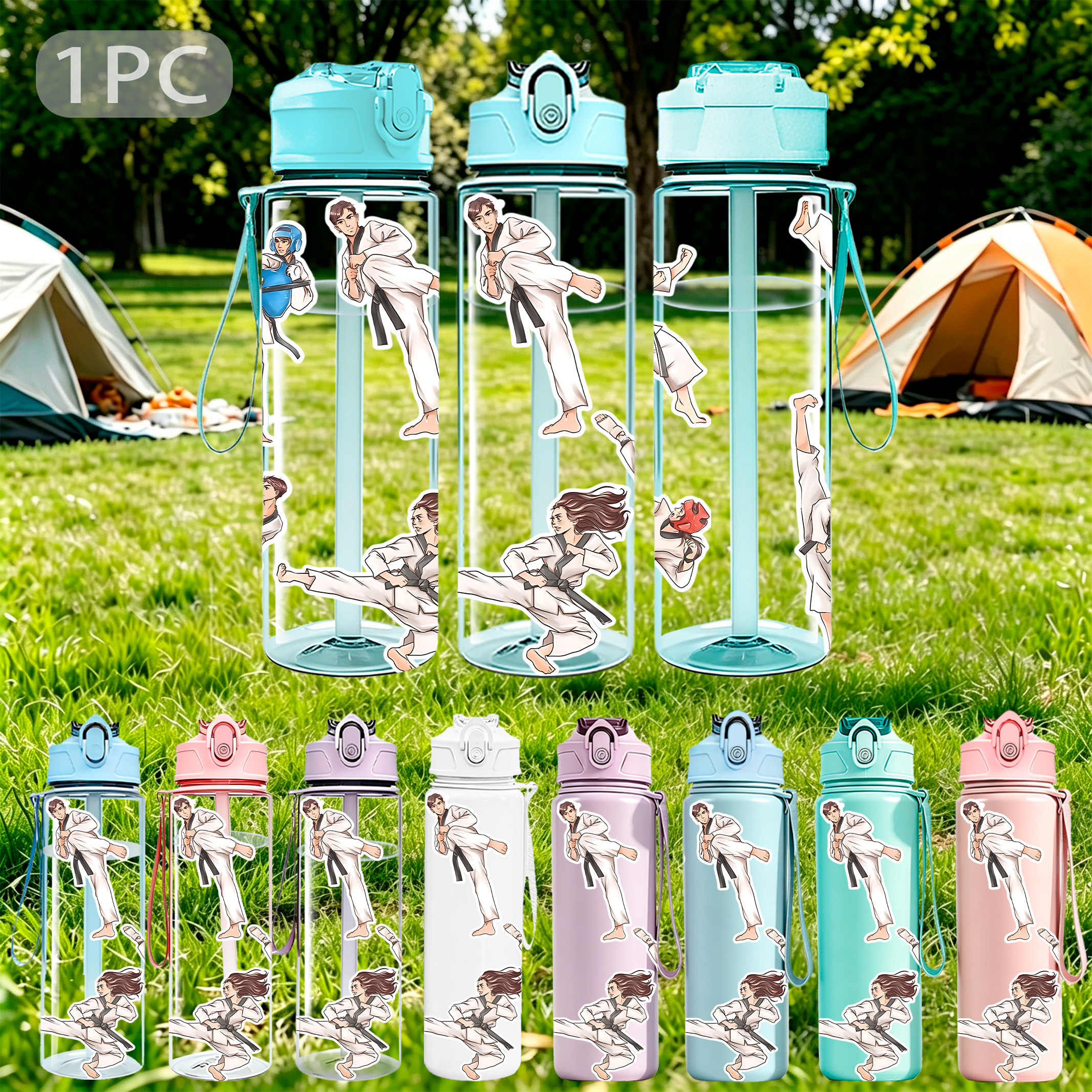 1pc cartoon karate   print 750ml 26oz 9 color plastic sports water bottle cute print leak proof with   up lid lightweight durable large capacity reusable suitable for outdoor camping fitness