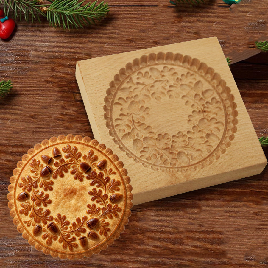 TEMU Tampon à biscuits en bois avec couronne de feuilles d'érable et de d'érable, moule de relief rond 3D, outil de presse à pâtisserie en bois fait