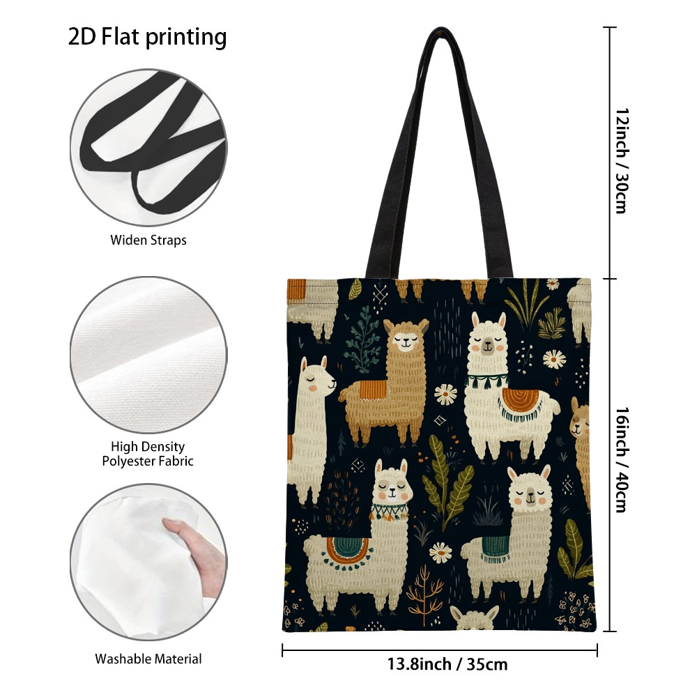 TEMU 1pc Cute Llamas With Plants Printed Canvas Shoulder Tote Bag, Unisex Reusable Grocery Bags With , Durable Handbag Shopping, Beach, Daily Commute