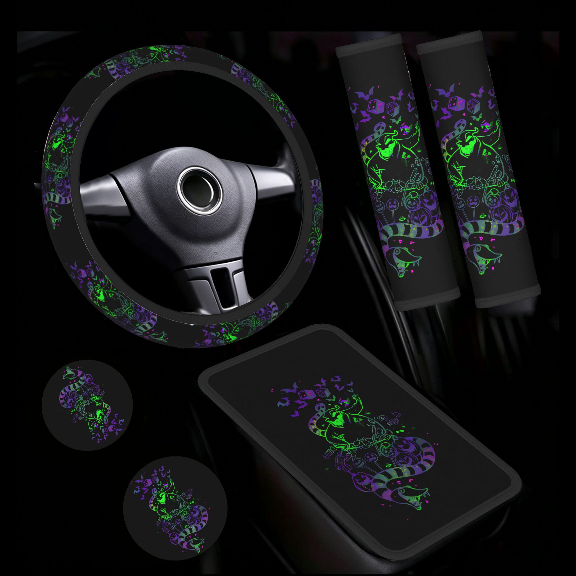 6pcs Halloween Spooky Automotive Interior Package, Steering Wheel Cover, Safety Shoulder Cover, Armrest Box Pad, Water Cup Pad Cute Cartoon Automotive Interior Decoration Package