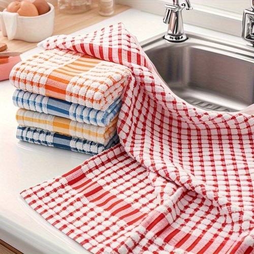 5-Pack Large Checkered Cleaning Cloths, Random Colors - Multiple Colors : Red, Blue, Yellow, Orange. Absorbent and Durable Kitchen Towels, Suitable for : Kitchen, Outdoors, Car, and Bathroom