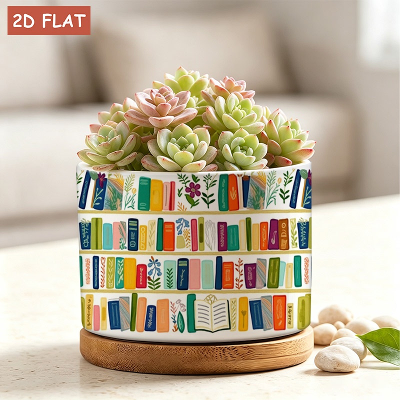 TEMU de cerámica con estampado de estantería y , decorativa pequeña de 9.2X9.2X6.8Cm con libro colorido, de flores y plantas, ideal para suculentas y